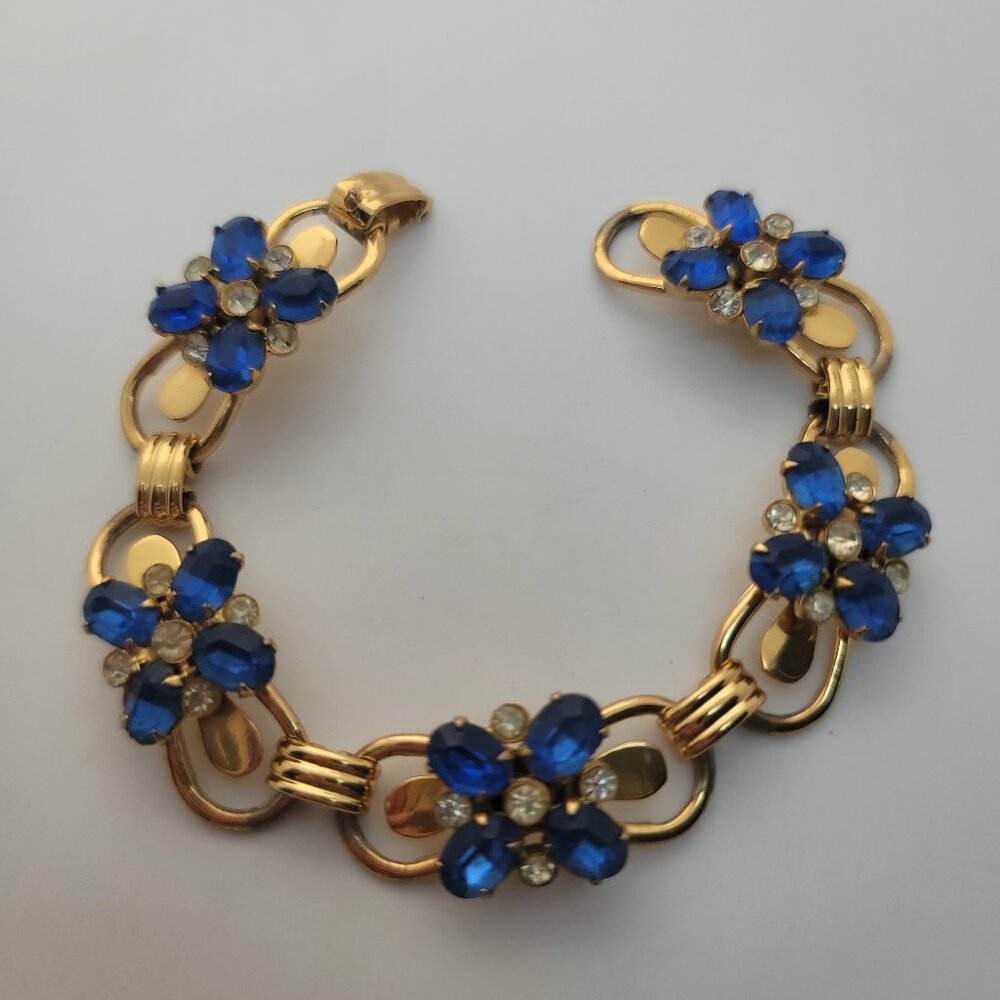 Vintage (1940s) Rhinestone & Sterling Rhinestone Flower Bracelet by Coro
